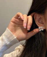 Novelty Silk Sterling Silver Four Leaf Clover Hollow Out Stud Earrings